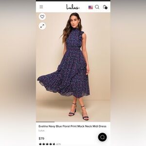 Evalina Navy Blue Floral Print Mock Neck Midi Dress